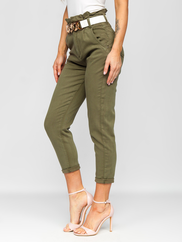 Khaki jeansowe spodnie damskie z wysokim stanem z paskiem Denley LA687