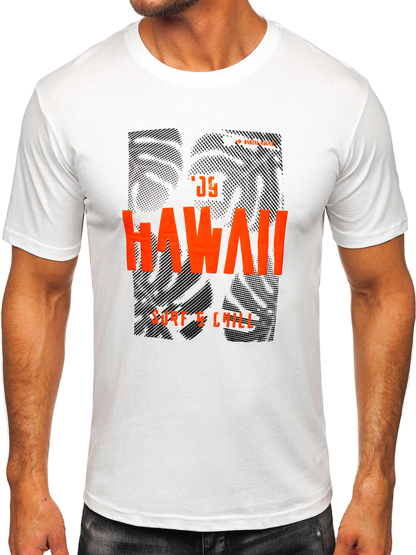 Biały bawełniany t-shirt męski z nadrukiem Denley MPO3497