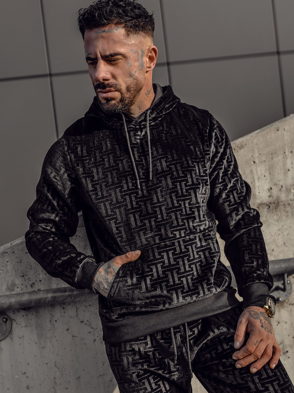 Czarny welurowy dres męski z kapturem Denley 3A81