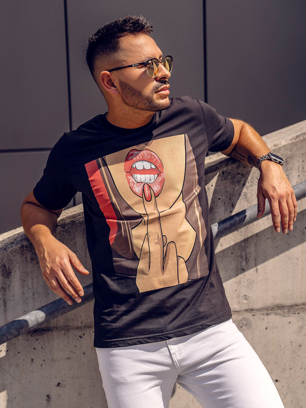 Czarny bawełniany t-shirt męski z nadrukiem Bolf 143018A
