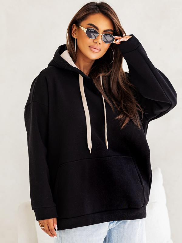 Bluza damska z kapturem ocieplana kangurka czarna Denley 82131
