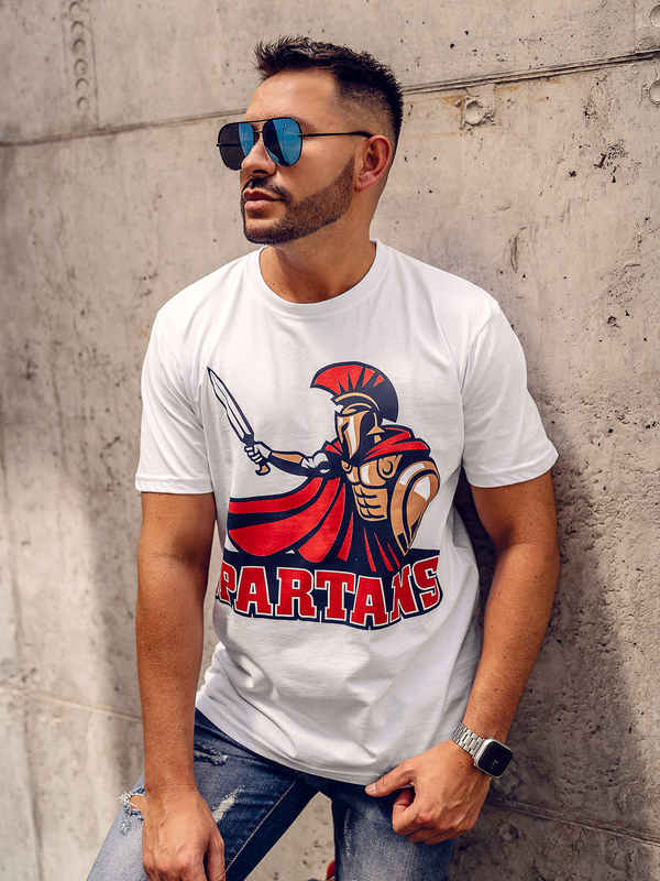 Biały bawełniany t-shirt męski z nadrukiem Bolf 143017A