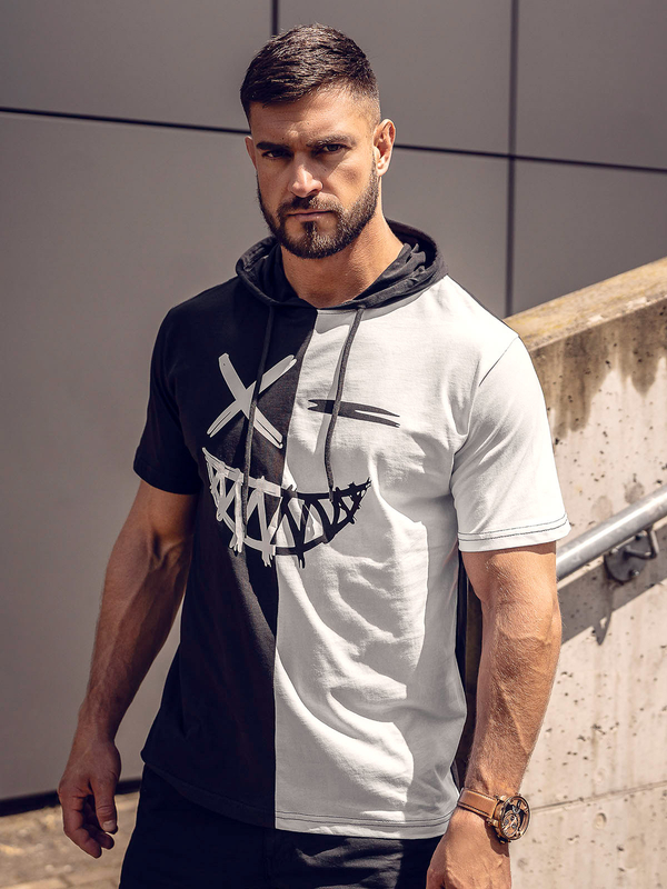 Czarno-biały bawełniany t-shirt męski z nadrukiem z kapturem Bolf 8T981A