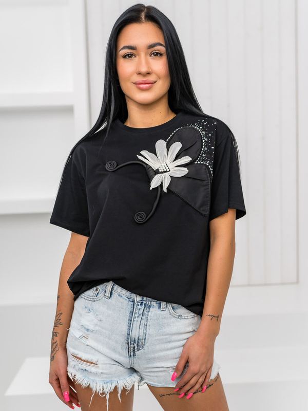 Czarny t-shirt damski z aplikacją Denley 96T633