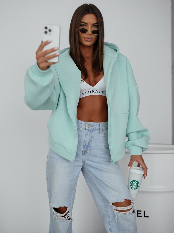 Bluza damska z kapturem ocieplana butterfly miętowa Denley 821112