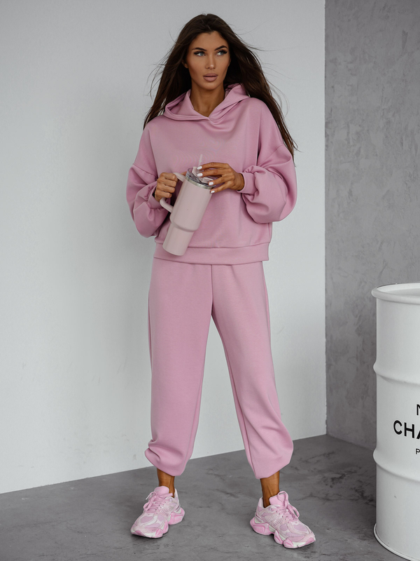 Komplet dresowy damski dwuczęściowy z kapturem masełko pudrowy Denley Alice
