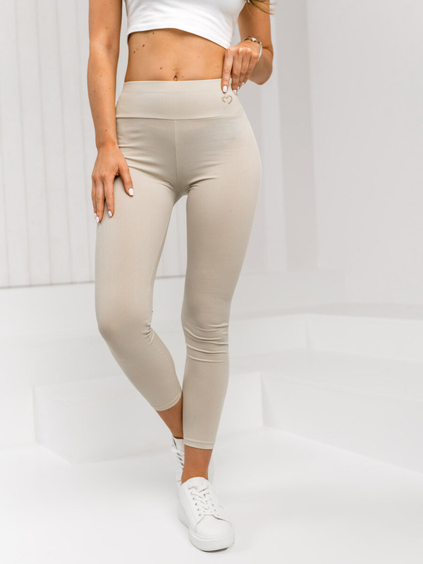 Ecru prążkowane legginsy damskie Denley W7903A1