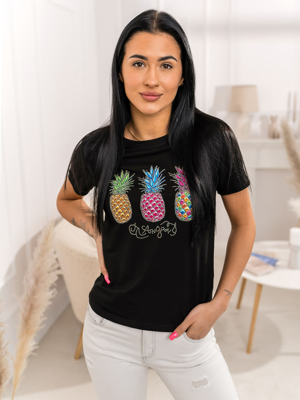 Czarny t-shirt damski z aplikacją Denley 95T2522
