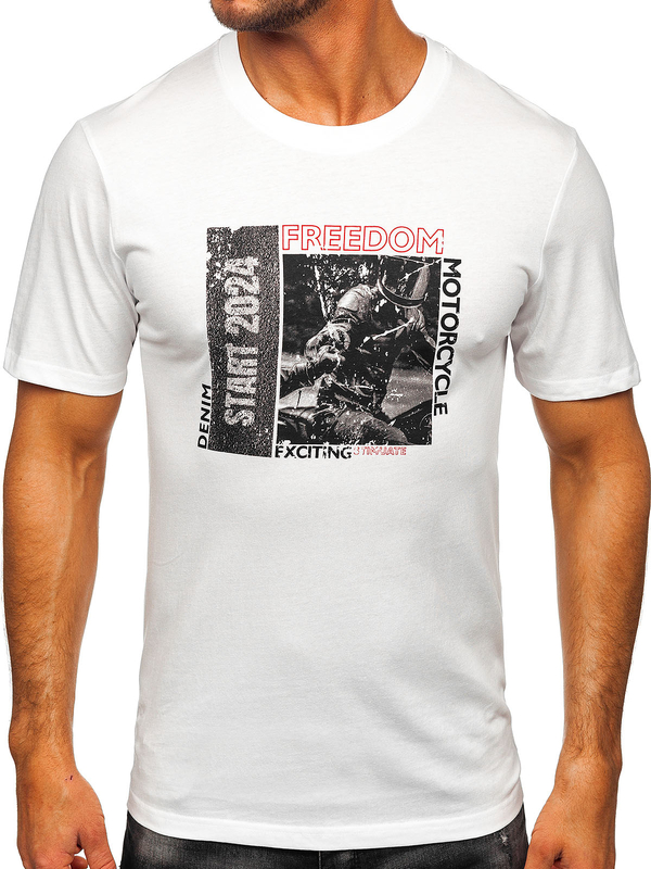 Biały bawełniany t-shirt męski z nadrukiem Denley MPO3475