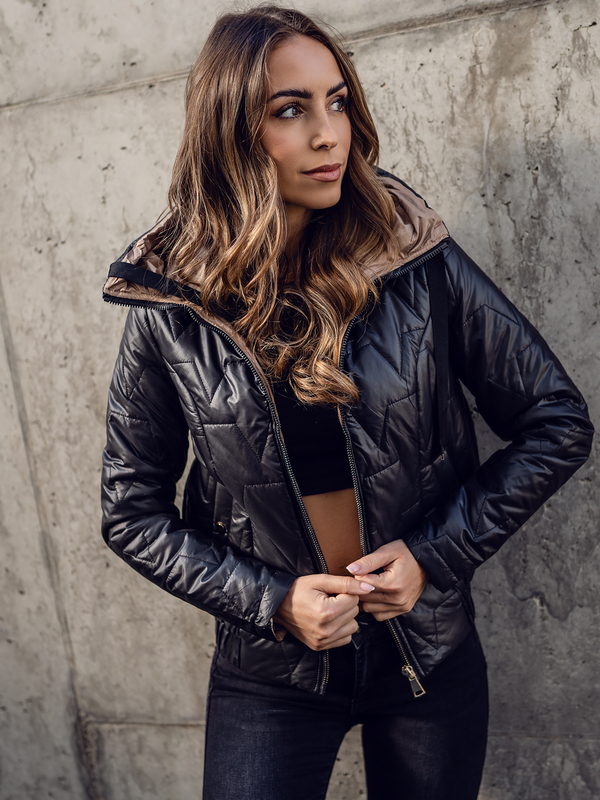 Czarna pikowana kurtka damska przejściowa z kapturem Denley B8219A