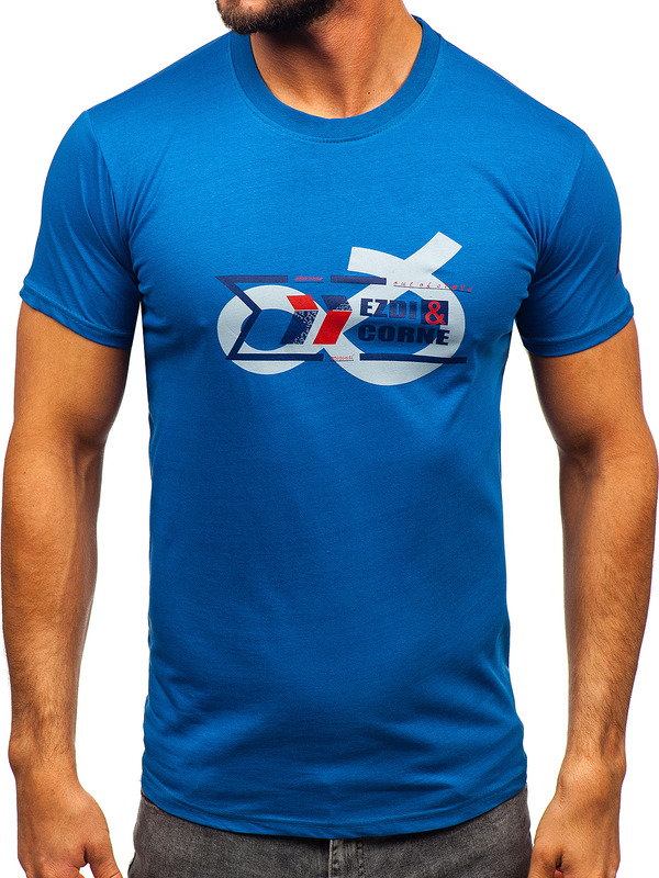 Niebieski bawełniany t-shirt męski z nadrukiem Denley 14736