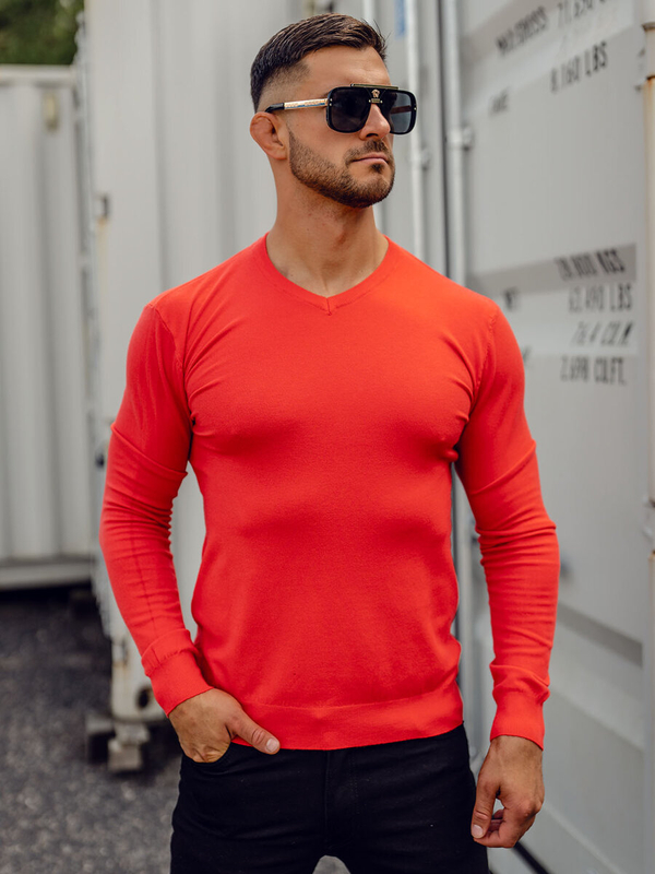 Czerwony sweter męski w serek Denley YY03