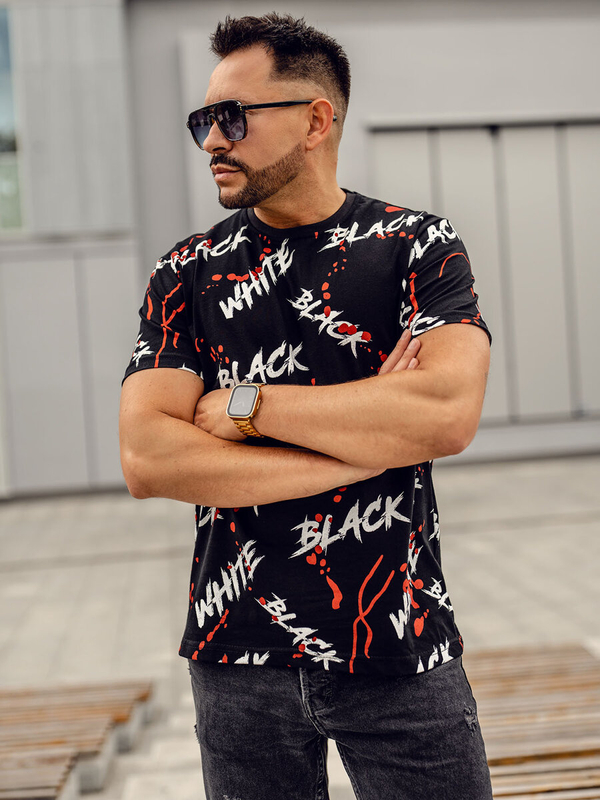 Czarno-czerwony t-shirt męski z nadrukiem Bolf 14939A