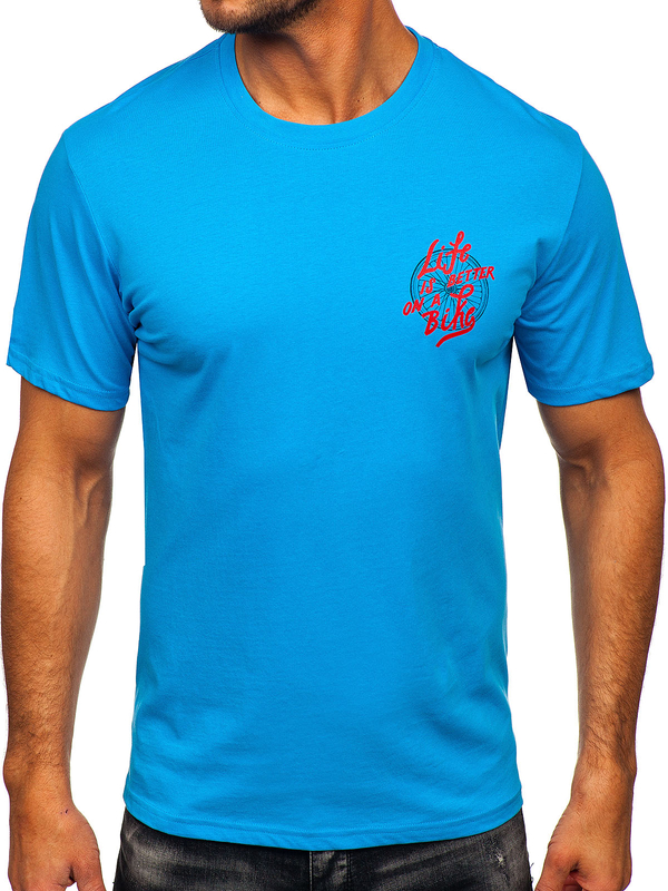Niebieski bawełniany t-shirt męski z nadrukiem Denley MPO3555