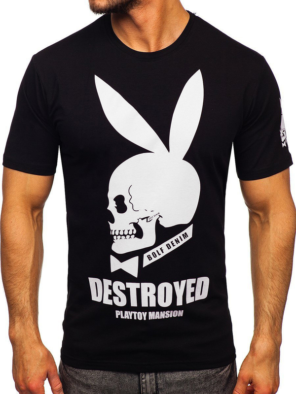Czarny bawełniany t-shirt męski z nadrukiem Bolf 192368