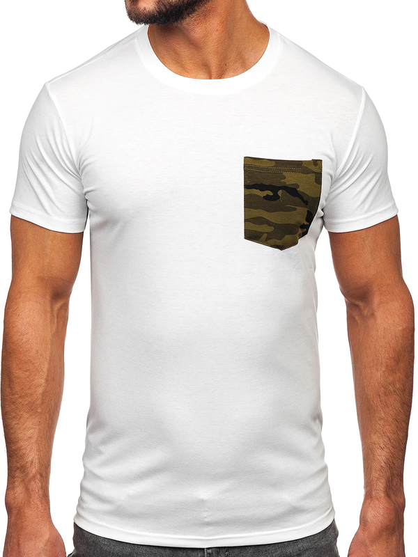 Biało-zielony t-shirt męski z kieszonką z nadrukiem moro Denley 8T85