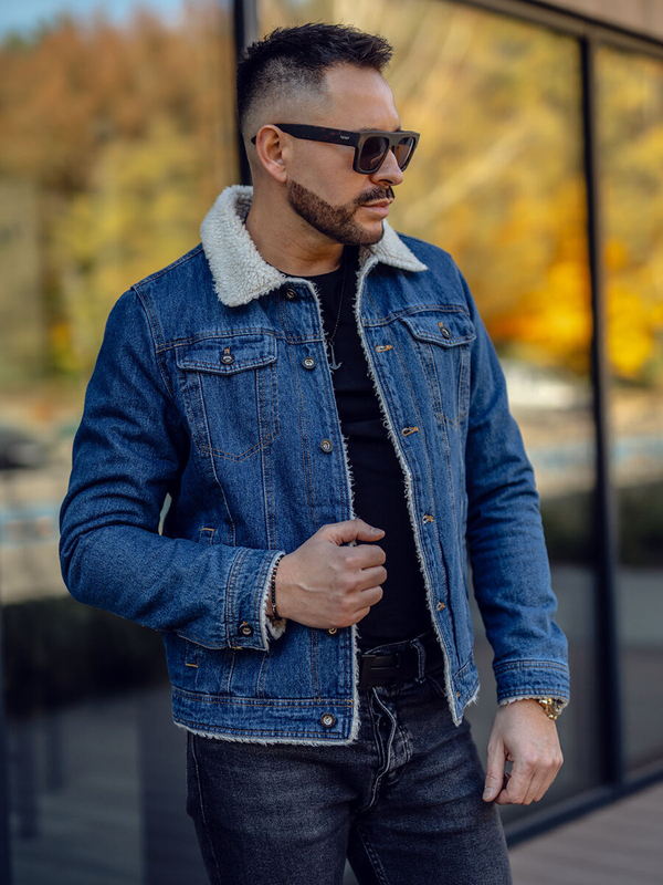 Granatowa kurtka jeansowa ocieplana typu trucker z kołnierzem z kożuszka męska Denley 1156