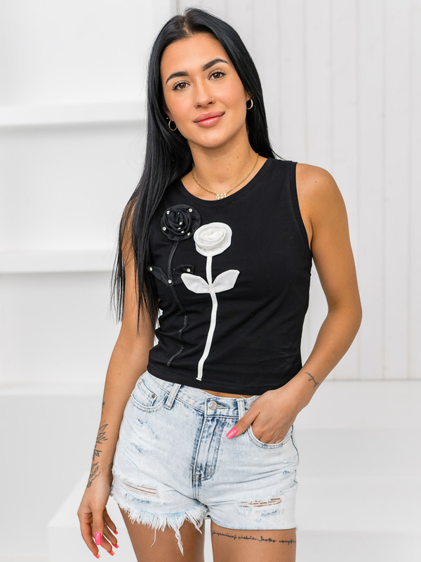 Czarny t-shirt damski bokserka z aplikacją Denley 96T653