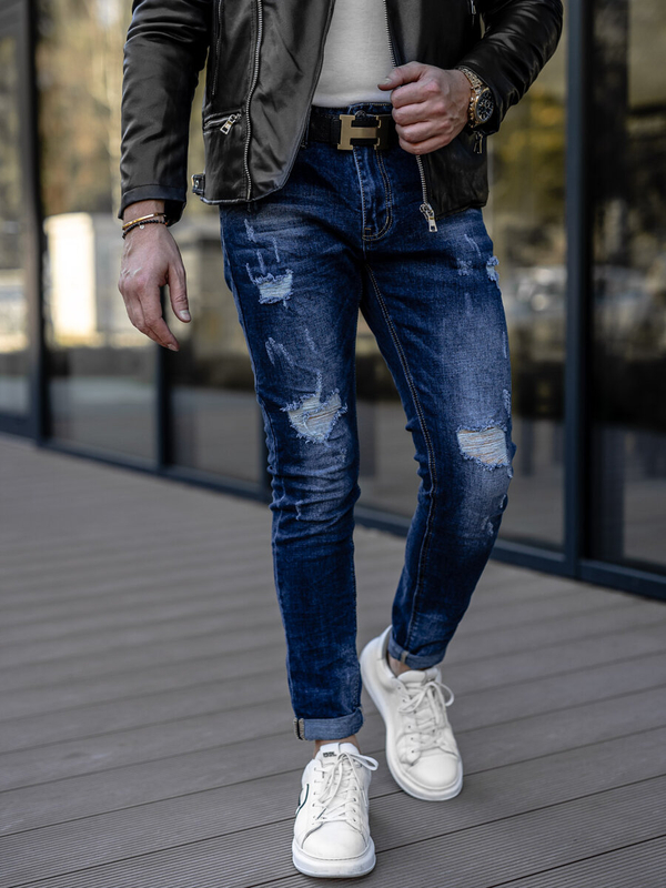 Granatowe spodnie jeansowe męskie slim fit z szelkami Denley KS2056