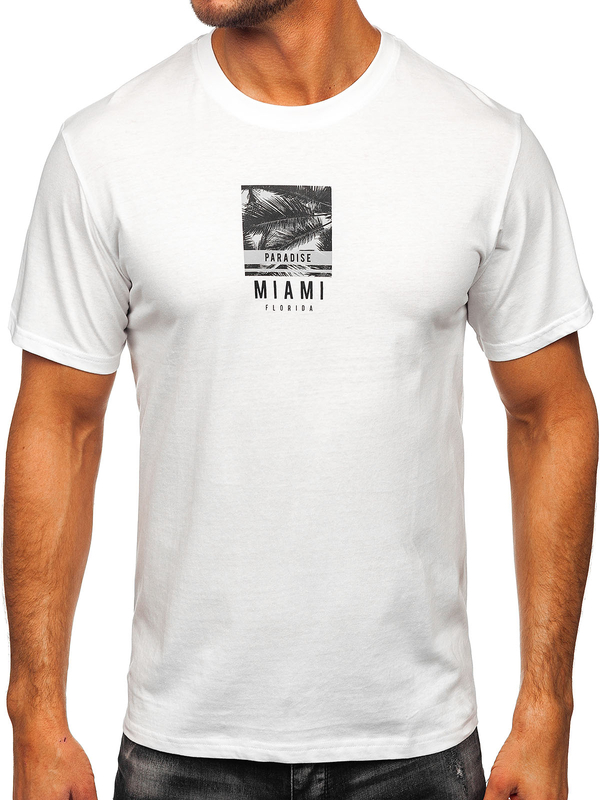 Biały bawełniany t-shirt męski z nadrukiem Denley MPO3500