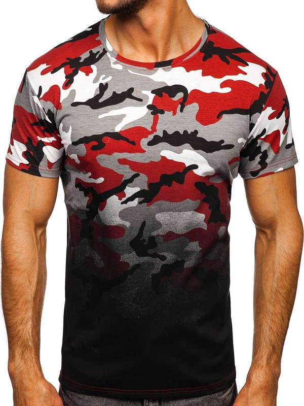 Szaro-bordowy t-shirt męski z nadrukiem moro Denley S808