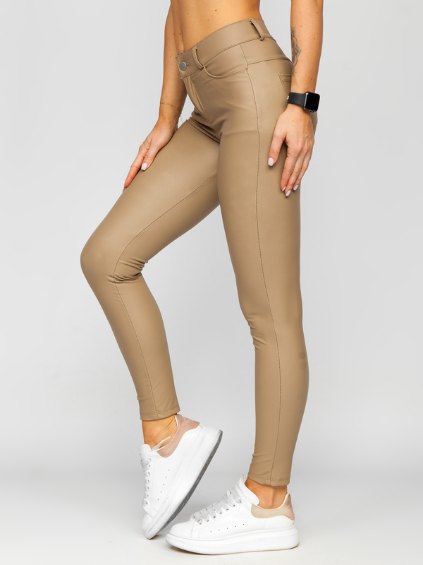 Beżowe legginsy z imitacji skóry damskie Denley DM850